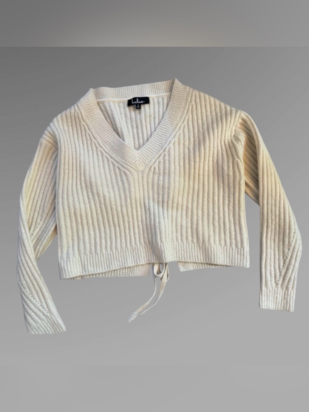 Lulus Cream Ribbed Knit Open Back Sweater – Women’s Small Cozy Tie Back Pullover